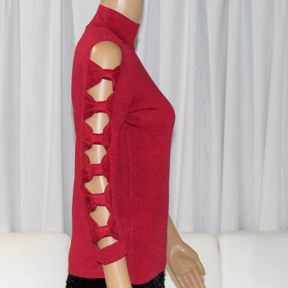 CeCe by Cynthia Steffe Bow Sleeve Crewneck Pullover Sweater in Red - Size XS - Picture 6 of 15